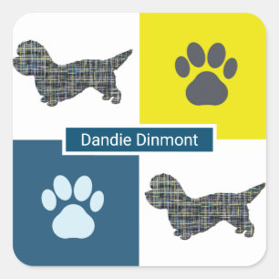 Dandie Dinmont Terrier Dog & Paw Y&B Grid Square Sticker