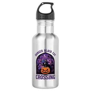 Danger Black Cat Crossing Halloween Pumpkin Witch 532 Ml Water Bottle