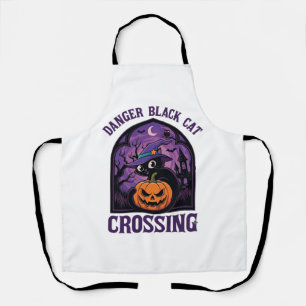 Danger Black Cat Crossing Halloween Pumpkin Witch Apron