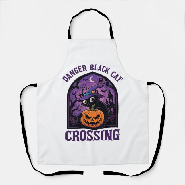 Danger Black Cat Crossing Halloween Pumpkin Witch  Apron (Front)