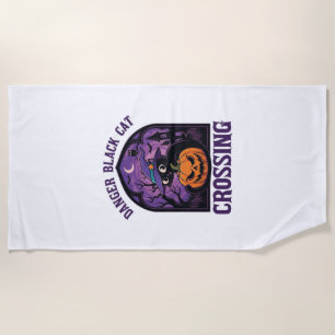 Danger Black Cat Crossing Halloween Pumpkin Witch  Beach Towel