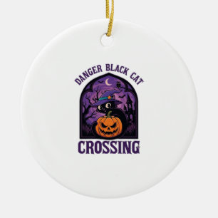Danger Black Cat Crossing Halloween Pumpkin Witch Ceramic Ornament
