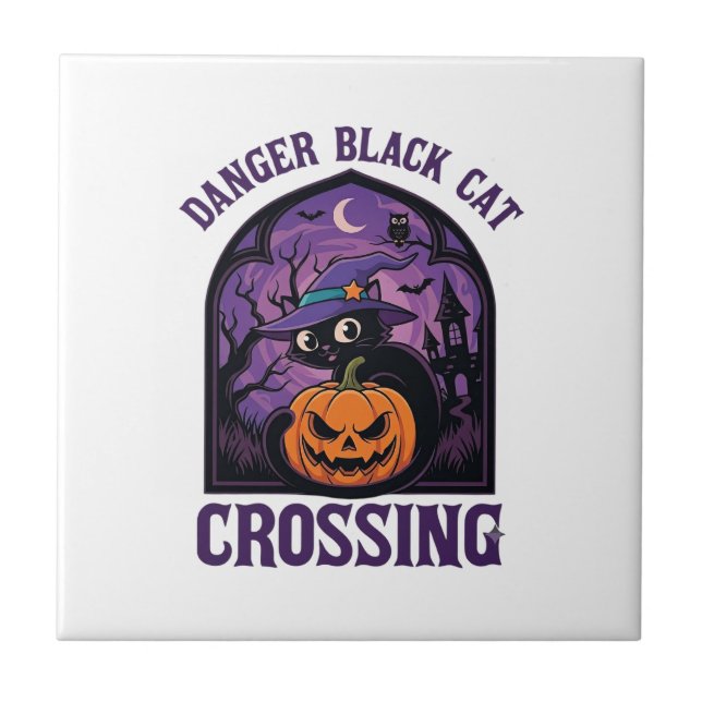 Danger Black Cat Crossing Halloween Pumpkin Witch  Ceramic Tile (Front)