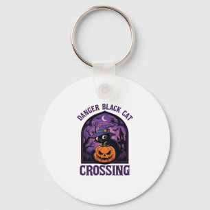 Danger Black Cat Crossing Halloween Pumpkin Witch Key Ring