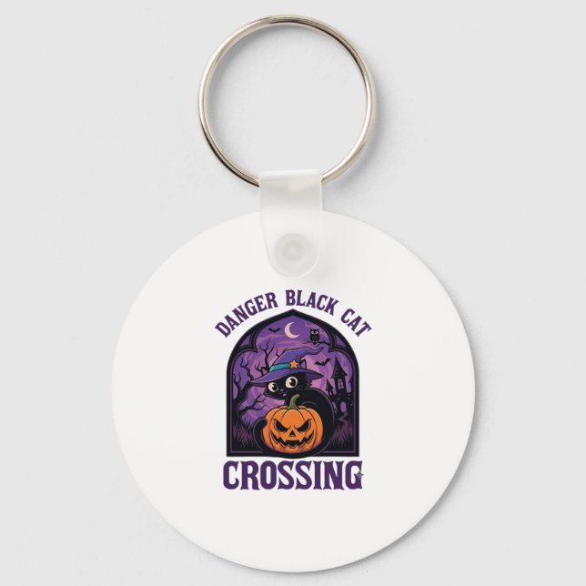 Danger Black Cat Crossing Halloween Pumpkin Witch  Key Ring (Front)
