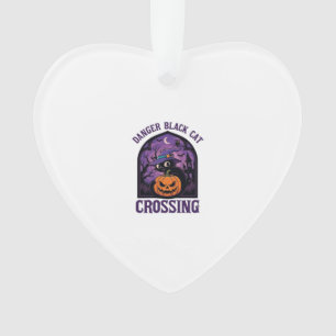 Danger Black Cat Crossing Halloween Pumpkin Witch  Ornament
