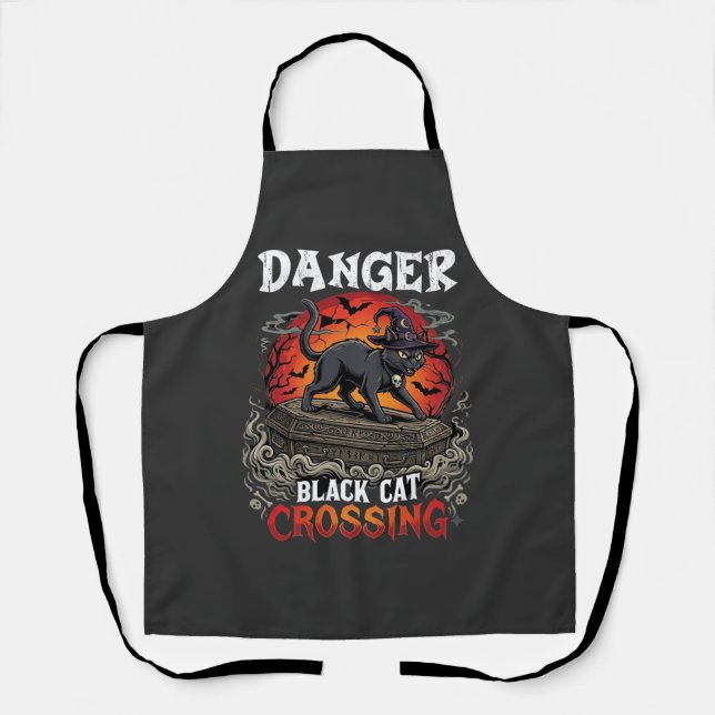 Danger Black Cat Crossing Halloween Witch Hat Coff Apron (Front)