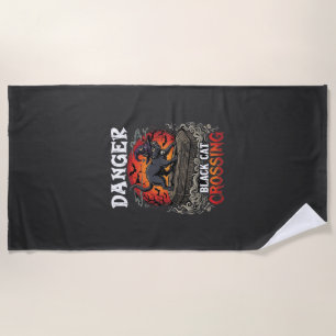 Danger Black Cat Crossing Halloween Witch Hat Coff Beach Towel