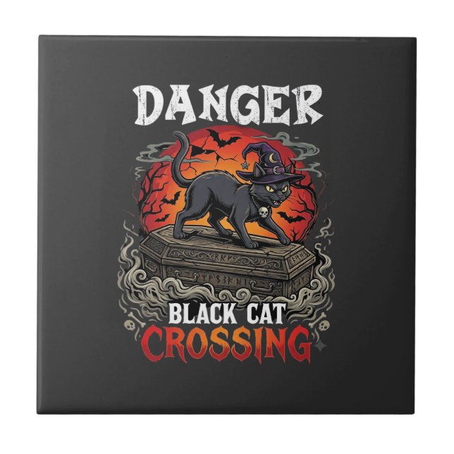 Danger Black Cat Crossing Halloween Witch Hat Coff Ceramic Tile (Front)