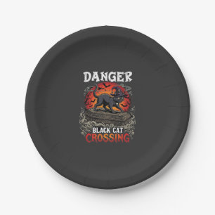 Danger Black Cat Crossing Halloween Witch Hat Coff Paper Plate