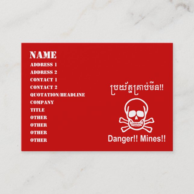 Danger!! Mines!! ☠ Cambodian Khmer Sign ☠ Business Card (Front)