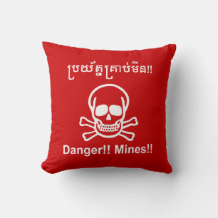 Danger!! Mines!! ☠ Cambodian Khmer Sign ☠ Cushion