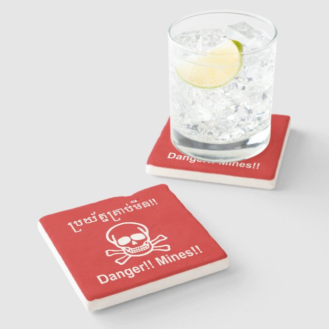 Danger!! Mines!! ☠ Cambodian Khmer Sign ☠ Stone Coaster (Side)