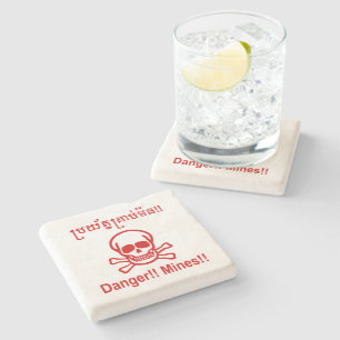 Danger!! Mines!! ☠ Cambodian Khmer Sign ☠ Stone Coaster