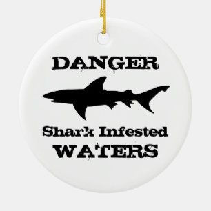 Danger: Shark Infested Waters Funny Shark Outline Ceramic Tree Decoration