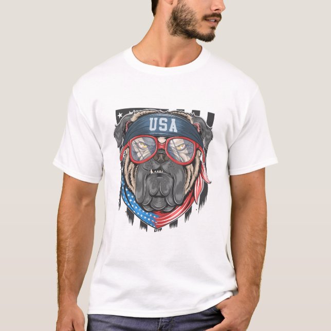 Dangerous American Dog, Bull Dog with USA flag T-Shirt (Front)