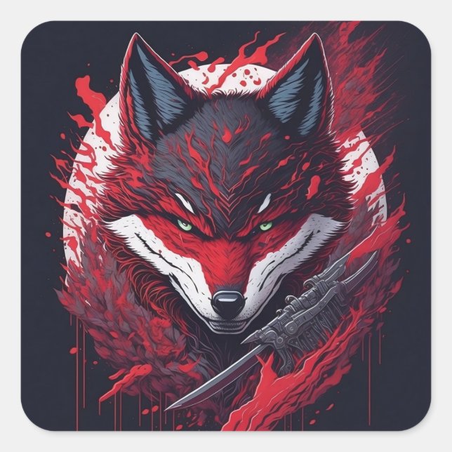 Dangerous ninja wolf logo square sticker (Front)