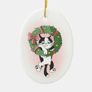 Dangling Cartoon Cat from Christmas Wreath Ceramic Ornament