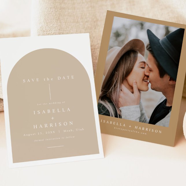 DANICA Bohemian Arched Beige Photo Save the Date Invitation (Creator Uploaded)