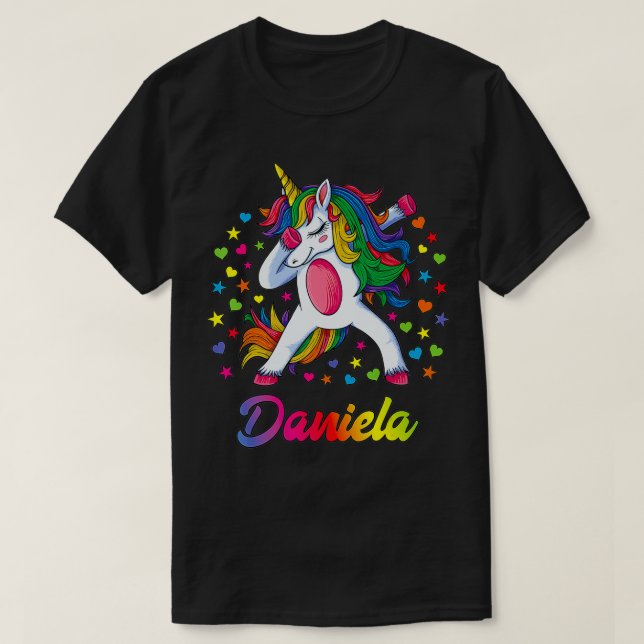 Daniela Dabbing Unicorn Rainbow Personalized Name  T-Shirt (Design Front)