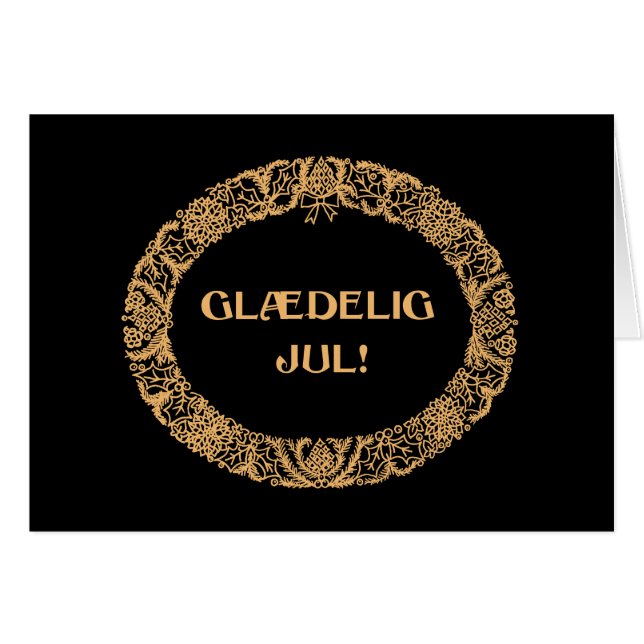Danish Christmas Wreath Card Gold-effect on Black (Front Horizontal)