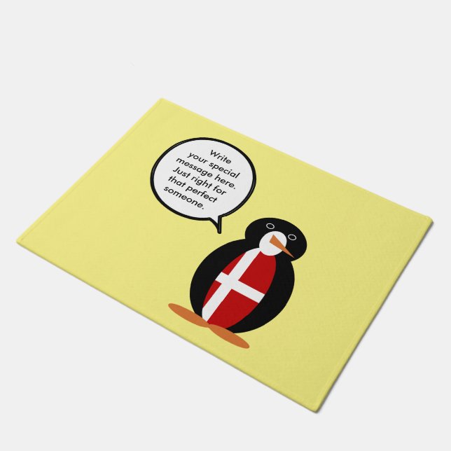 Danish Flag Talking Ms Penguin Personalised  Doormat (Angled)