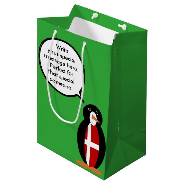 Danish Flag Talking Ms. Penguin Personalised Medium Gift Bag (Front Angled)