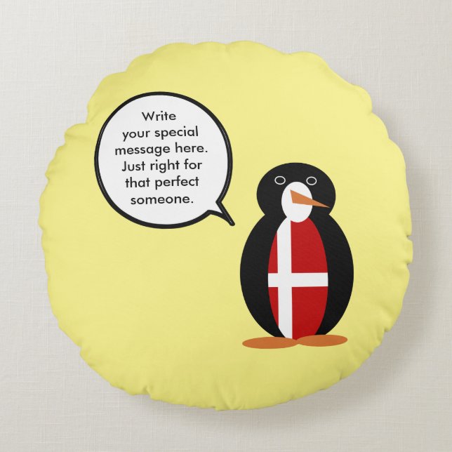 Danish Flag Talking Ms Penguin Personalised  Round Cushion (Front)