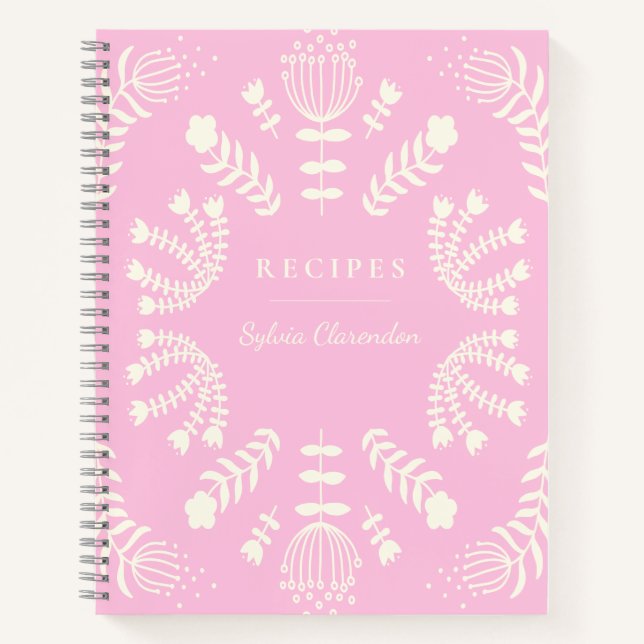 Danish Folk Flowers Pink Personalised Recipe Notebook (Front)