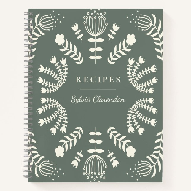 Danish Folk Flowers Sage Green Personalised Recipe Notebook (Front)