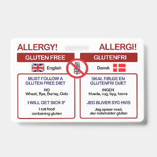 DANISH Gluten Free Travel Card   Allergy Badge ID Badge