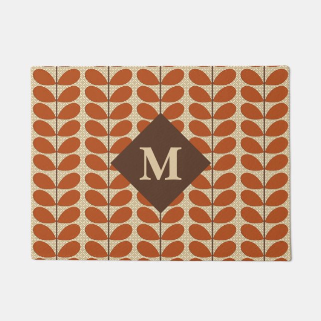 Danish Leaves With Monogram, Rust Brown and Beige Doormat (Front)