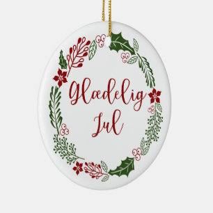 Danish Merry Christmas Wreath, Glædelig jul Ceramic Ornament