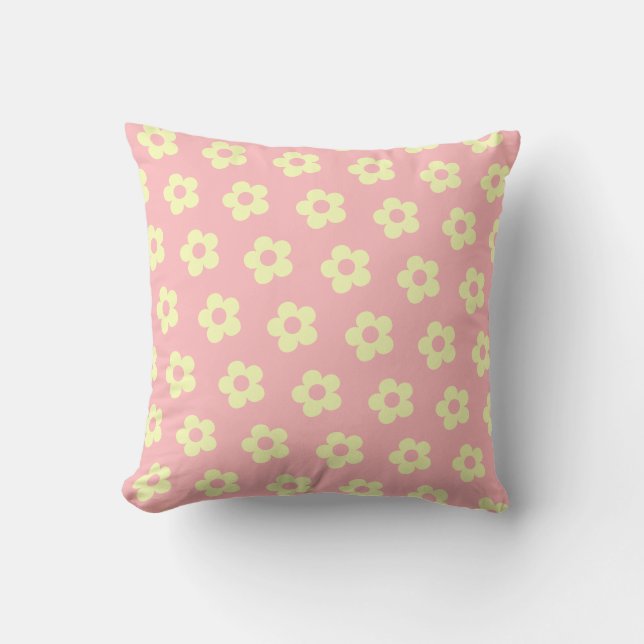 Danish Pastel Pink Yellow Cute Daisy Pattern Cushion (Front)