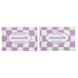Danish Pastel Purple White Wavy Chequerboard Name Pillowcase
