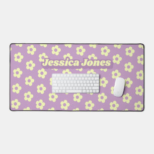 Danish Pastel Purple Yellow Cute Daisy Groovy Name Desk Mat