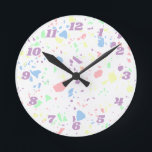 Danish Pastel Rainbow White Terrazzo Numbered Round Clock<br><div class="desc">Another girly clock by JessicaAmber - ask about custom orders! This fun wall clock features an abstract terrazzo pattern in pastel purple, pink, green and yellow, on a white background. The pattern has a youthful yet earthy vibe. There are purple numbers aruond the edge in a groovy font. You can...</div>