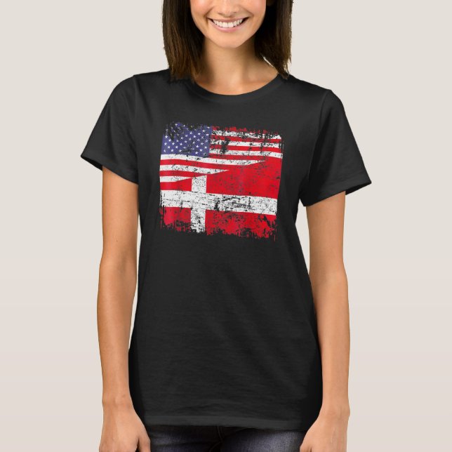 Danish Roots Half American Flag Denmark Patriotic T-Shirt (Front)