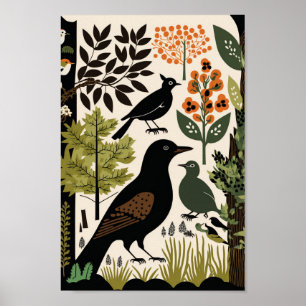 Danish Scandinavian Birds Floral Flower Art Print