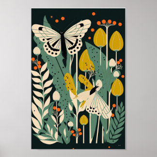 Danish Scandinavian Butterfly Floral Flower Art Poster