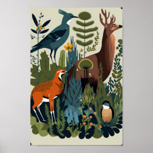 Danish Scandinavian Forest Animals Floral Art Poster