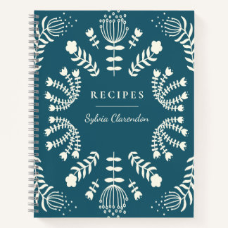 Danish Teal Blue Folk Flowers Personalised Recipe Notebook