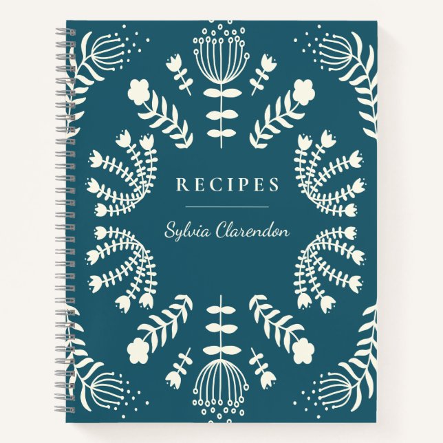 Danish Teal Blue Folk Flowers Personalised Recipe Notebook (Front)