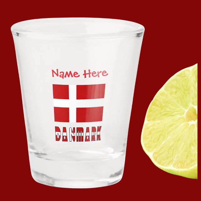 Danmark Dannebrog Red Personalisation  Shot Glass (Shot glass has Danish flag and the word DANMARK below. Add a name above in red text.)