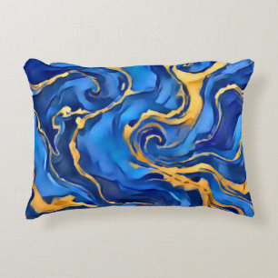 Danse Royale Rich Royal Blue Gold Flowing Abstract Decorative Cushion