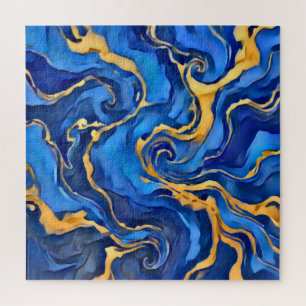 Danse Royale Rich Royal Blue Gold Flowing Abstract Jigsaw Puzzle