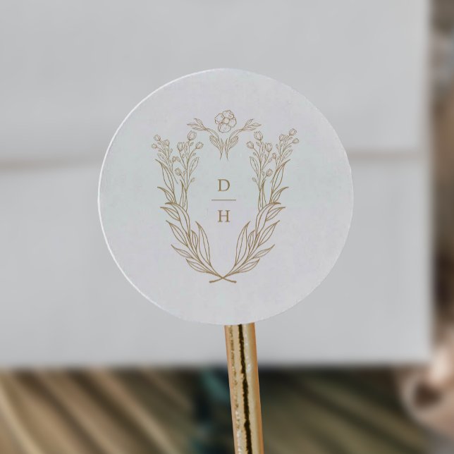 DAPHNE Botanical Gold White Fancy Wedding Monogram Classic Round Sticker (DAPHNE Botanical Gold White Fancy Wedding Monogram Classic Round Sticker)