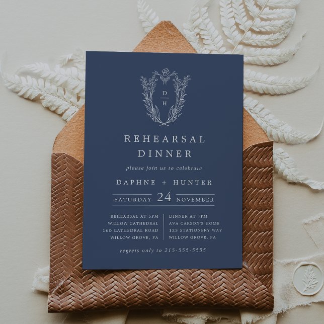 DAPHNE Dark Blue Elegant Floral Rehearsal Dinner Invitation (DAPHNE Dark Blue Elegant Floral Rehearsal Dinner Invitation)