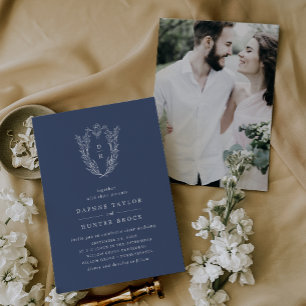 DAPHNE Dark Blue White Modern Navy Photo Wedding Invitation