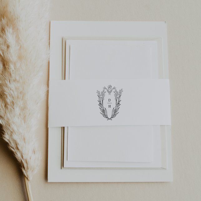 DAPHNE Floral Crest Black White Minimalist Wedding Invitation Belly Band (DAPHNE Floral Crest Black White Minimalist Wedding Invitation Belly Band)